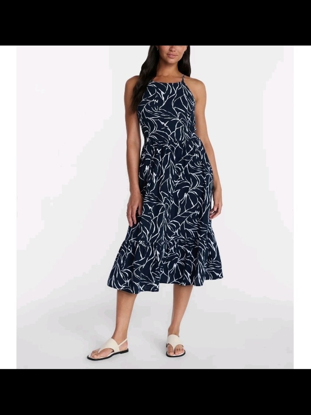 NWT Time and Tru Navy Botanical Linen Blend LaceUp Halter Maxi Dress Varied Size